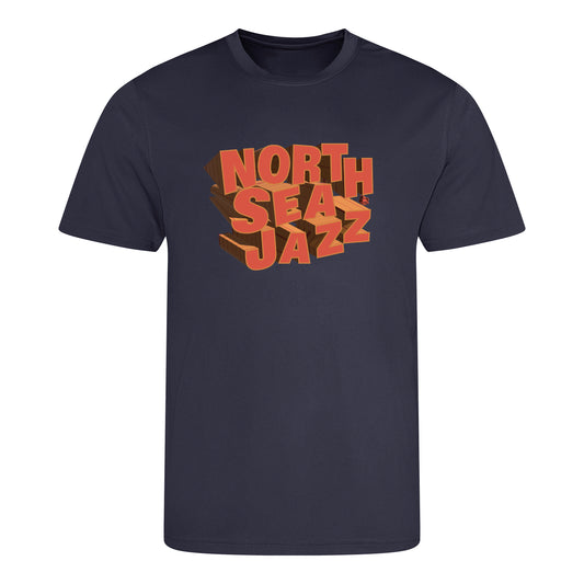 Navy blue t-shirt with 'North Sea Jazz' text in orange and brown on a white background