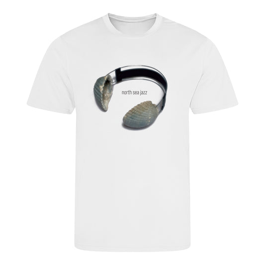 White t-shirt with a graphic design of a horse bridle and stones on a white background