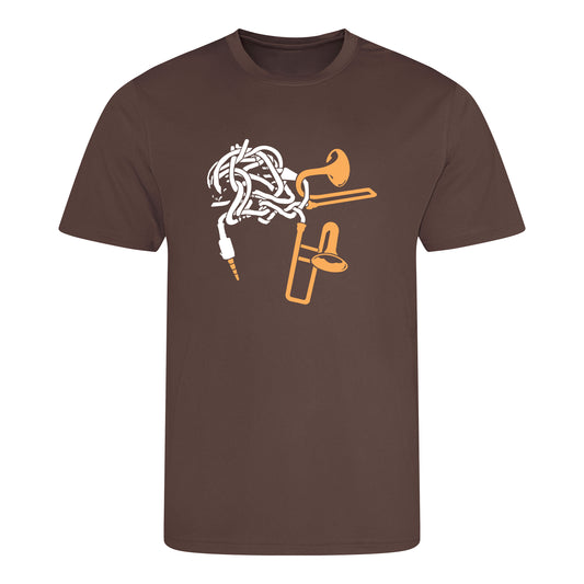 Brown t-shirt with a graphic design of a cornet on a white background