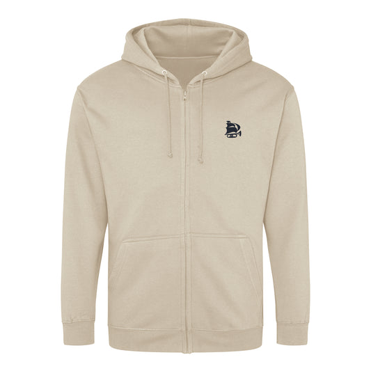 Beige hoodie with a small logo on the chest against a white background