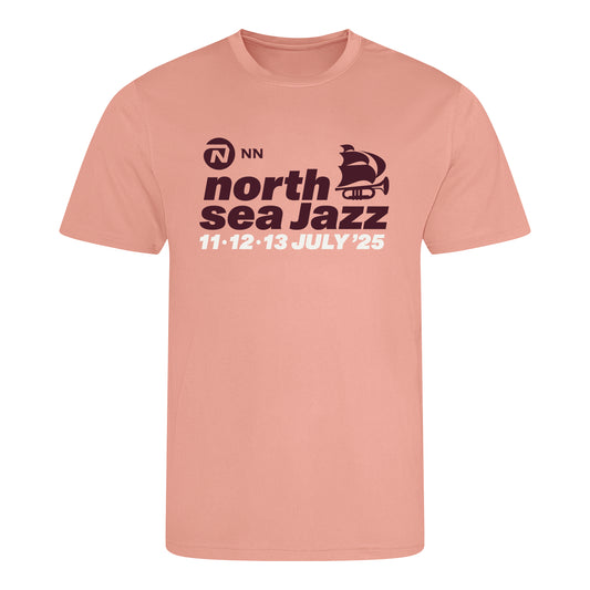 Pink t-shirt with 'north sea Jazz' text and event dates on a white background