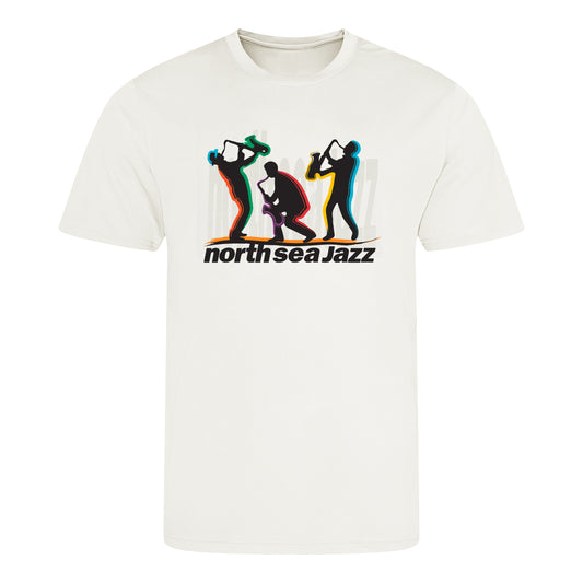 White t-shirt with 'Northsea Jazz' graphic design on a white background