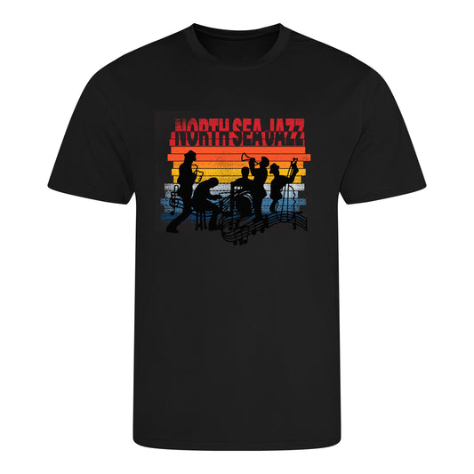 Black t-shirt with a colorful 'North Sea Jazz' graphic on a white background