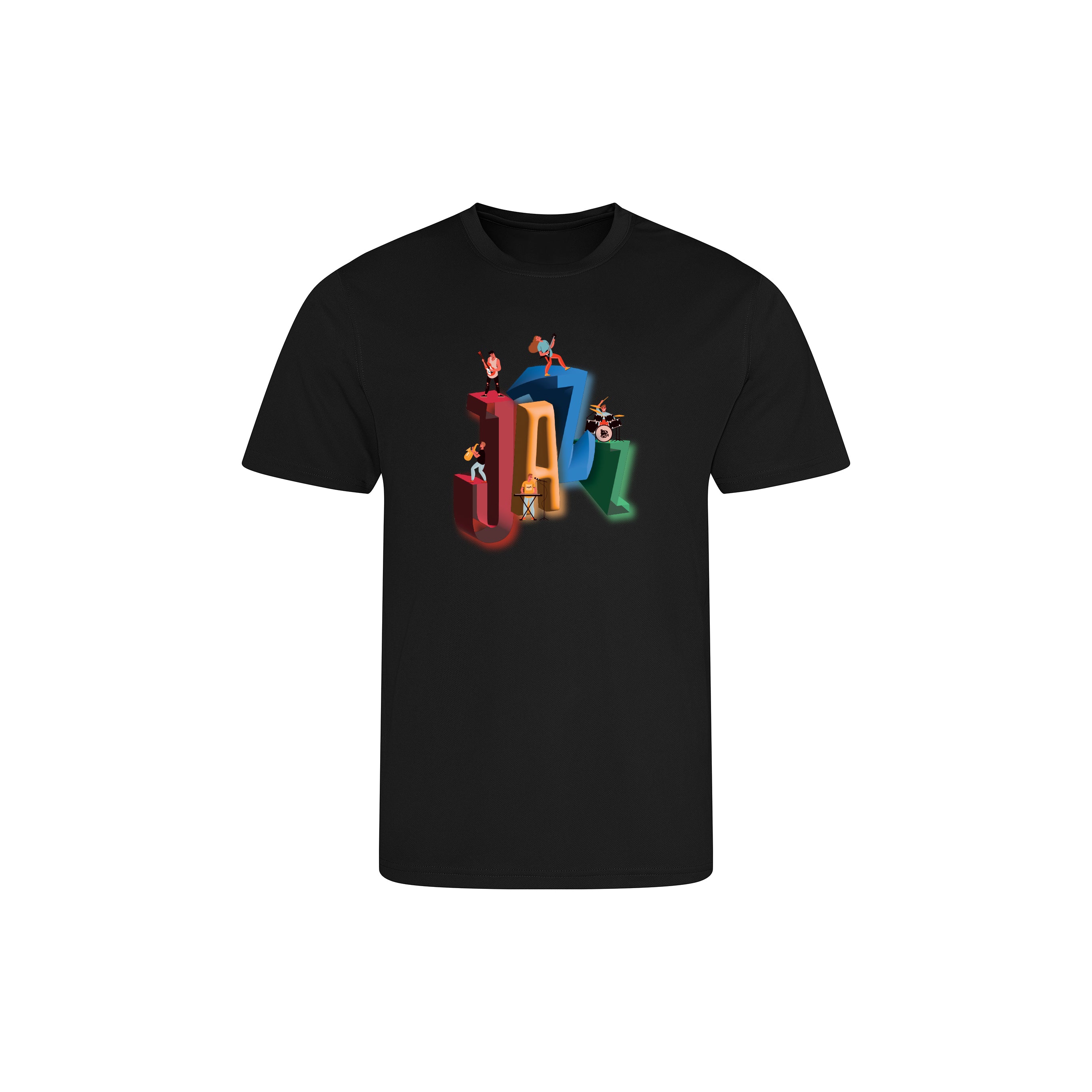 Black t-shirt with colorful 'Jazz' design on a white background