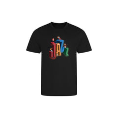 Black t-shirt with colorful 'Jazz' design on a white background
