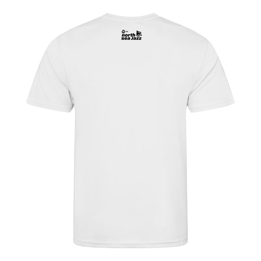 White t-shirt with a logo on the back against a white background