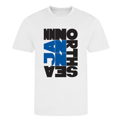 White t-shirt with black and blue text design on a white background