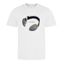 White t-shirt with a graphic design of a horse bridle and stones on a white background