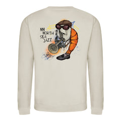 Beige sweatshirt with a graphic of a person playing a saxophone and text 'NN North Sea Jazz' on a white background