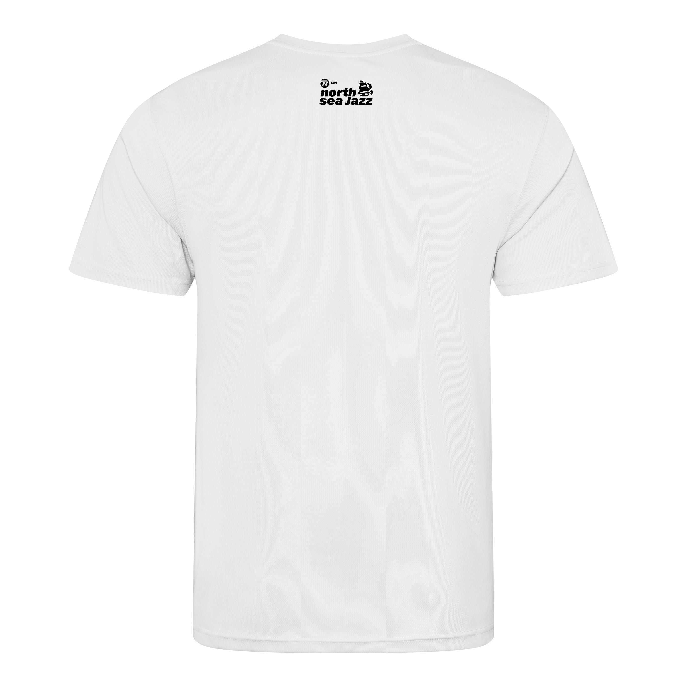 White t-shirt with a logo on the back against a white background