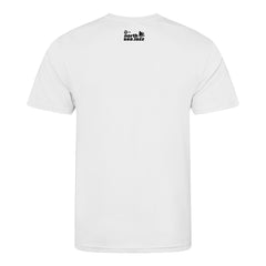 White t-shirt with a logo on the back against a white background