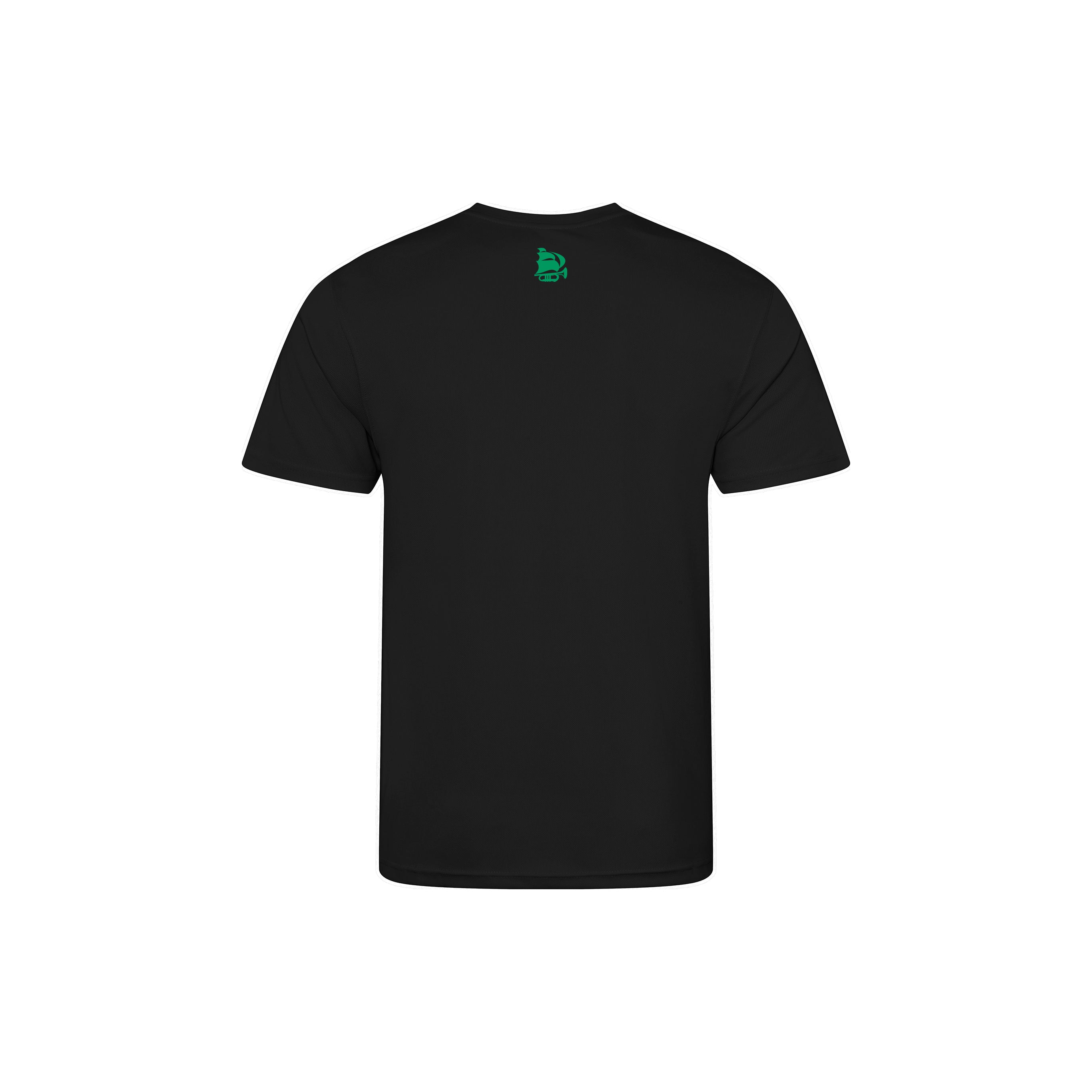 Black t-shirt with a green logo on the chest against a white background