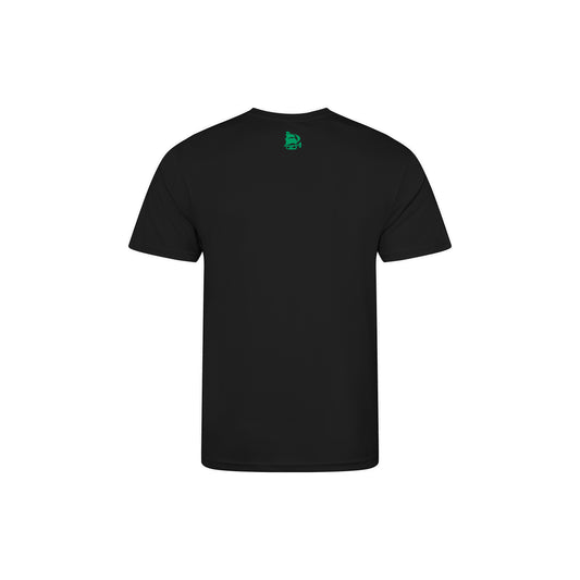 Black t-shirt with a green logo on the chest against a white background