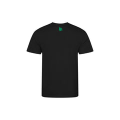 Black t-shirt with a green logo on the chest against a white background