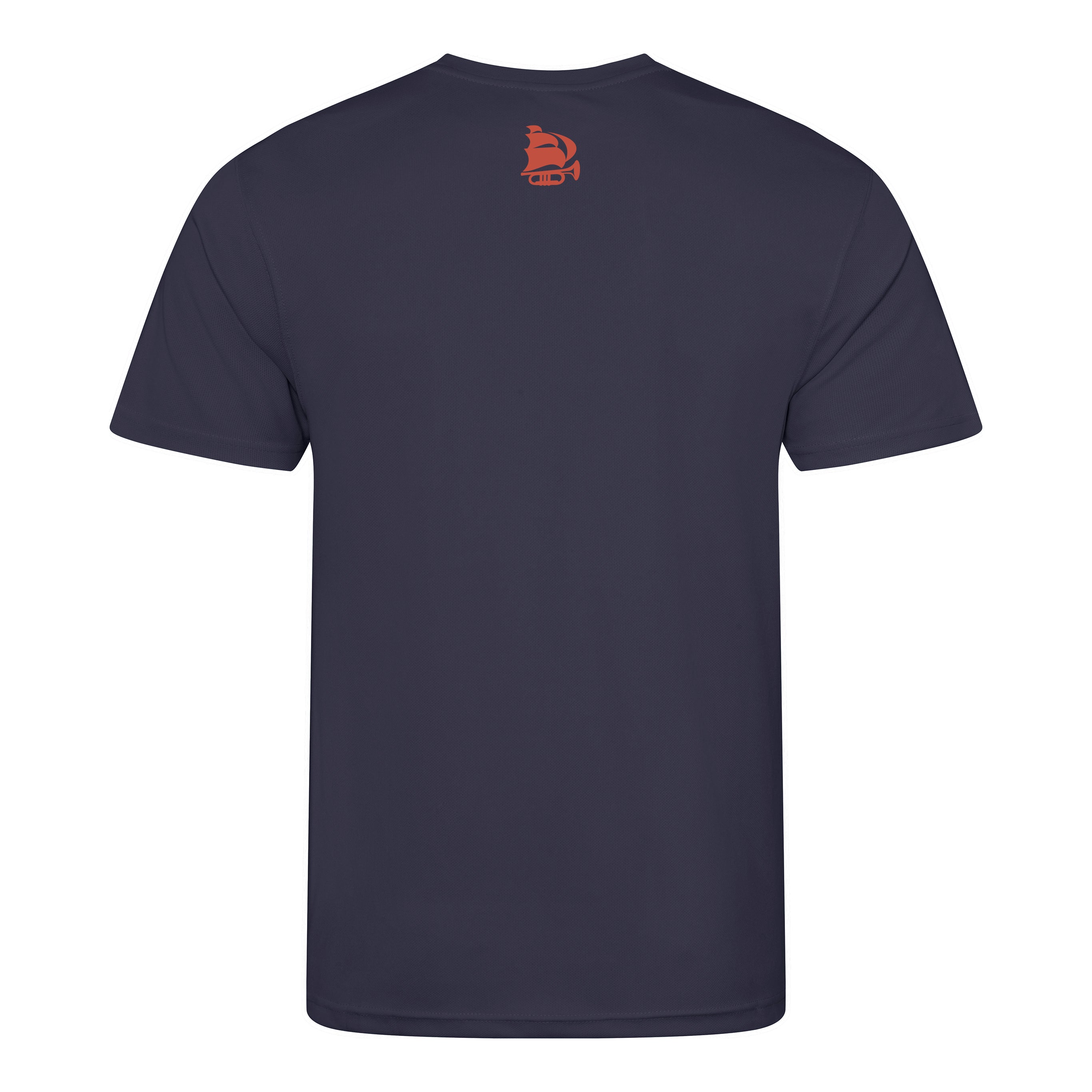 Navy blue t-shirt with a small orange logo on the back against a white background