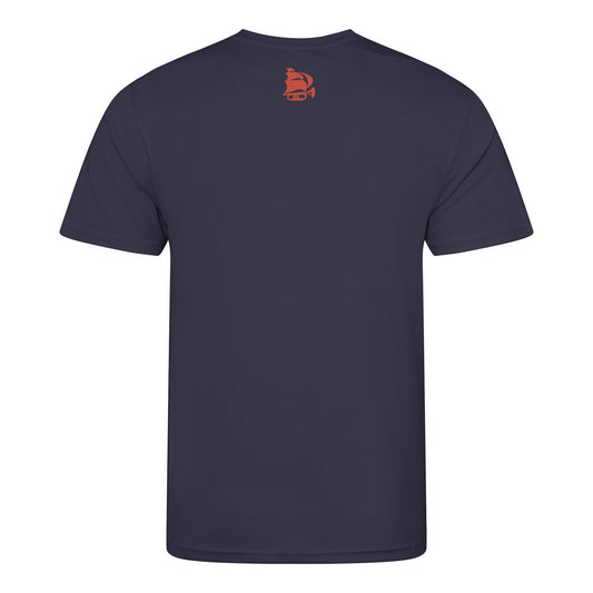 Navy blue t-shirt with a small orange logo on the back against a white background