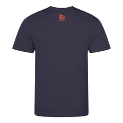 Navy blue t-shirt with a small orange logo on the back against a white background
