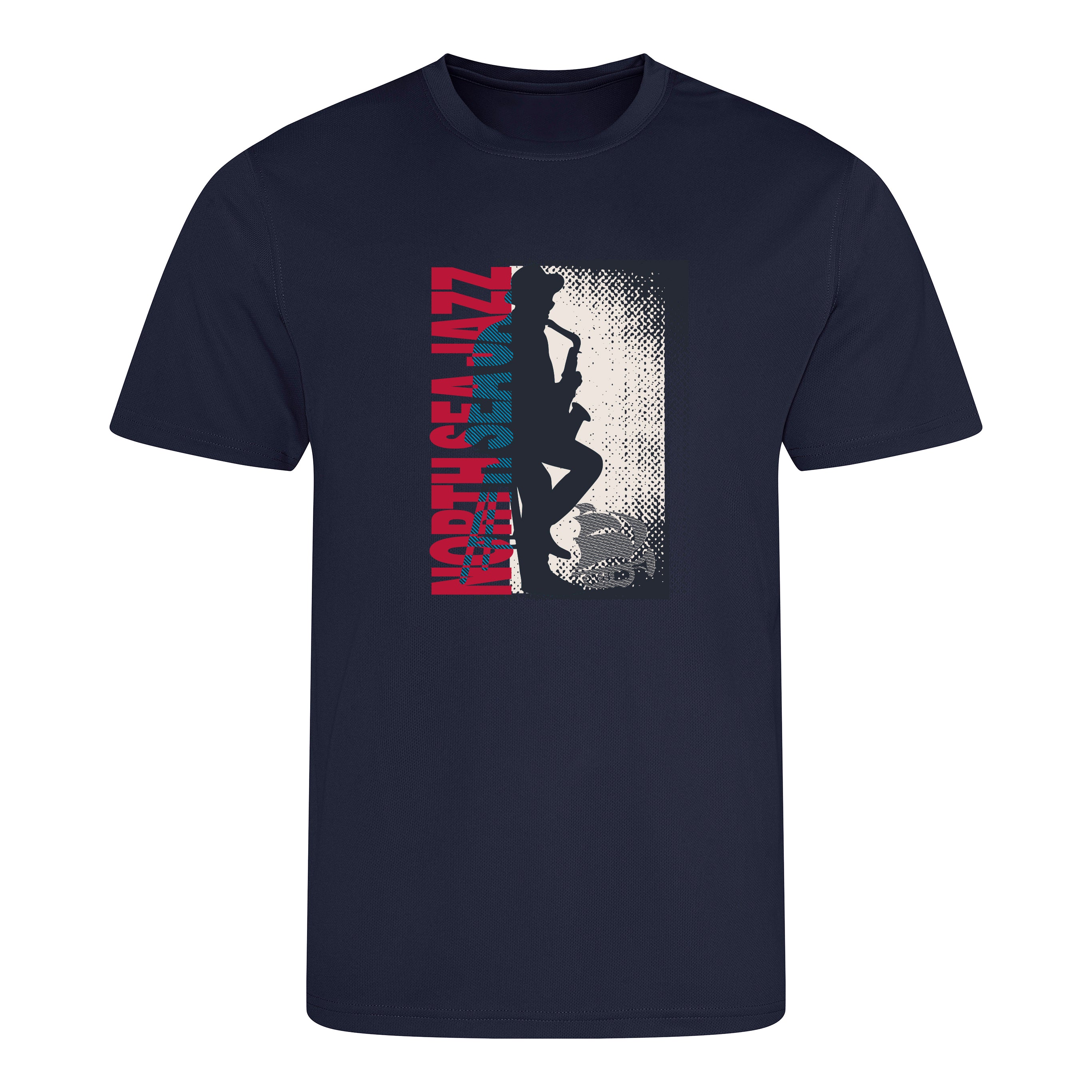 Navy blue t-shirt with graphic design and text on a white background