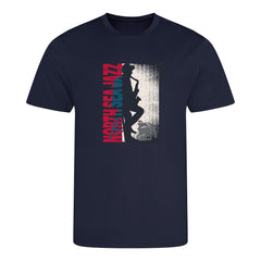 Navy blue t-shirt with graphic design and text on a white background