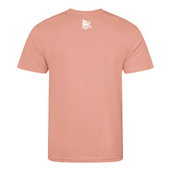 Pink t-shirt with a small white logo on the back against a white background