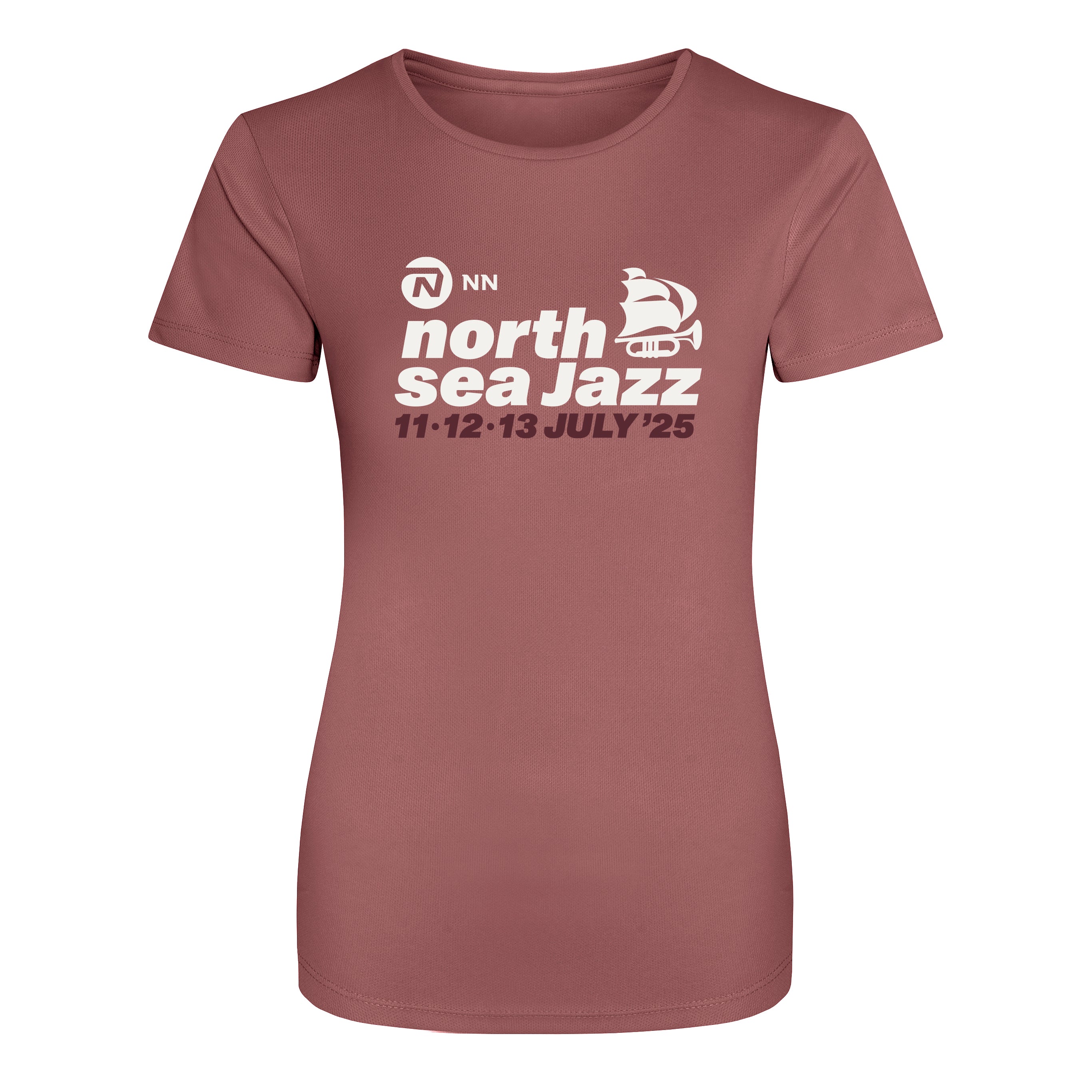 Maroon t-shirt with 'north sea Jazz' text and logo on a white background