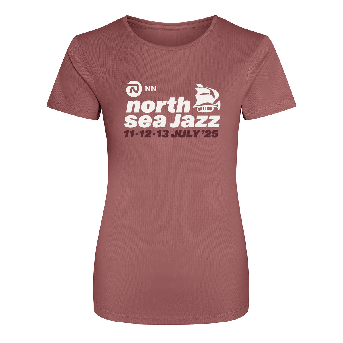 Maroon t-shirt with 'north sea Jazz' text and logo on a white background