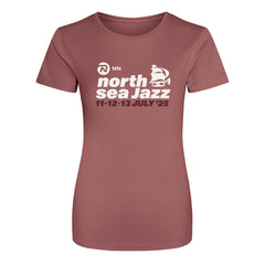 Maroon t-shirt with 'north sea Jazz' text and logo on a white background