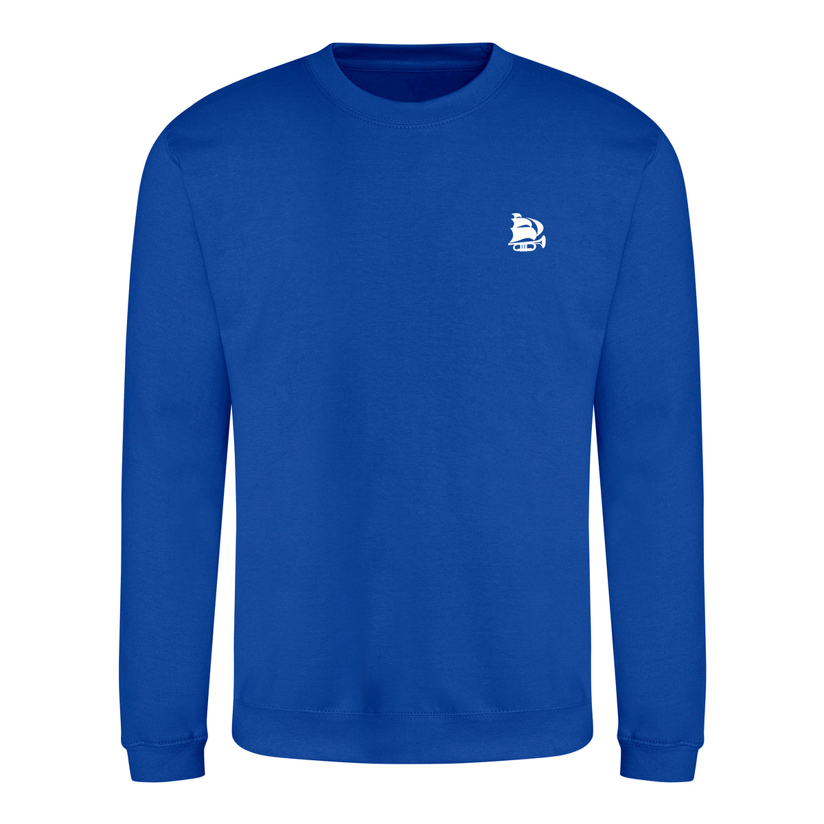 Blue sweatshirt with a small white logo on a white background