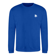 Blue sweatshirt with a small white logo on a white background