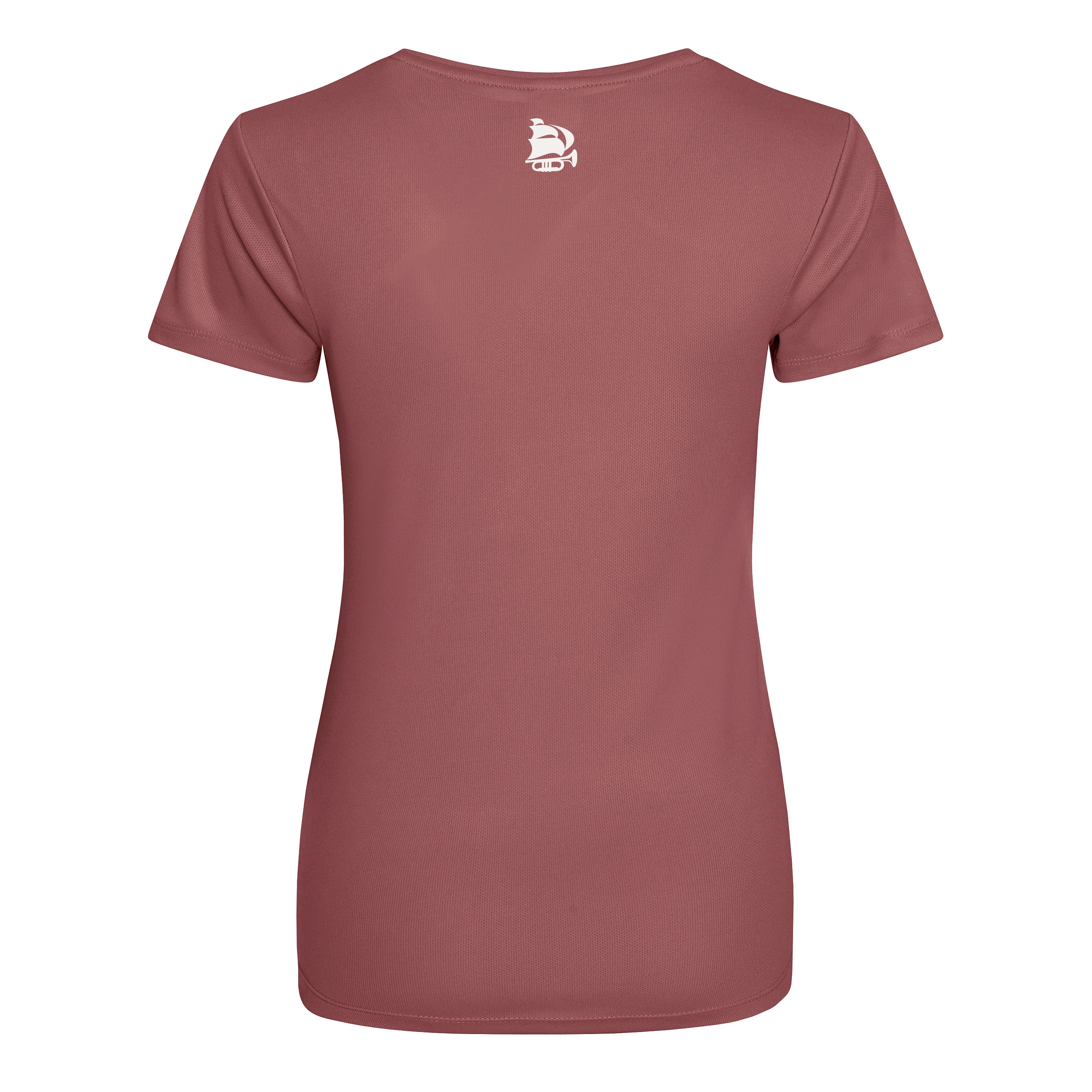 Maroon t-shirt with a small logo on the back against a white background
