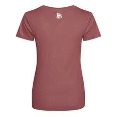 Maroon t-shirt with a small logo on the back against a white background