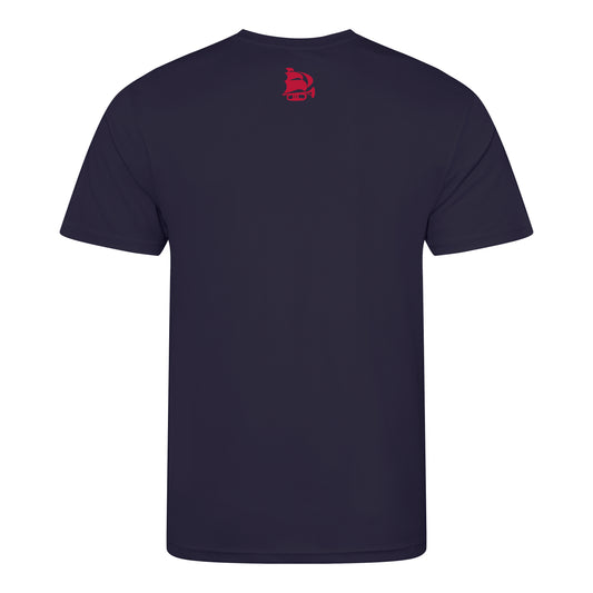 Navy blue t-shirt with a red logo on the chest against a white background