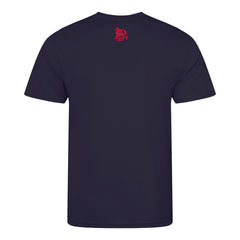 Navy blue t-shirt with a red logo on the chest against a white background