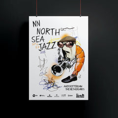 Poster for NN North Sea Jazz event with a jazz musician illustration on a white background.
