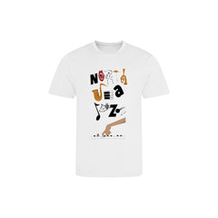 White t-shirt with jazz-themed design on a white background