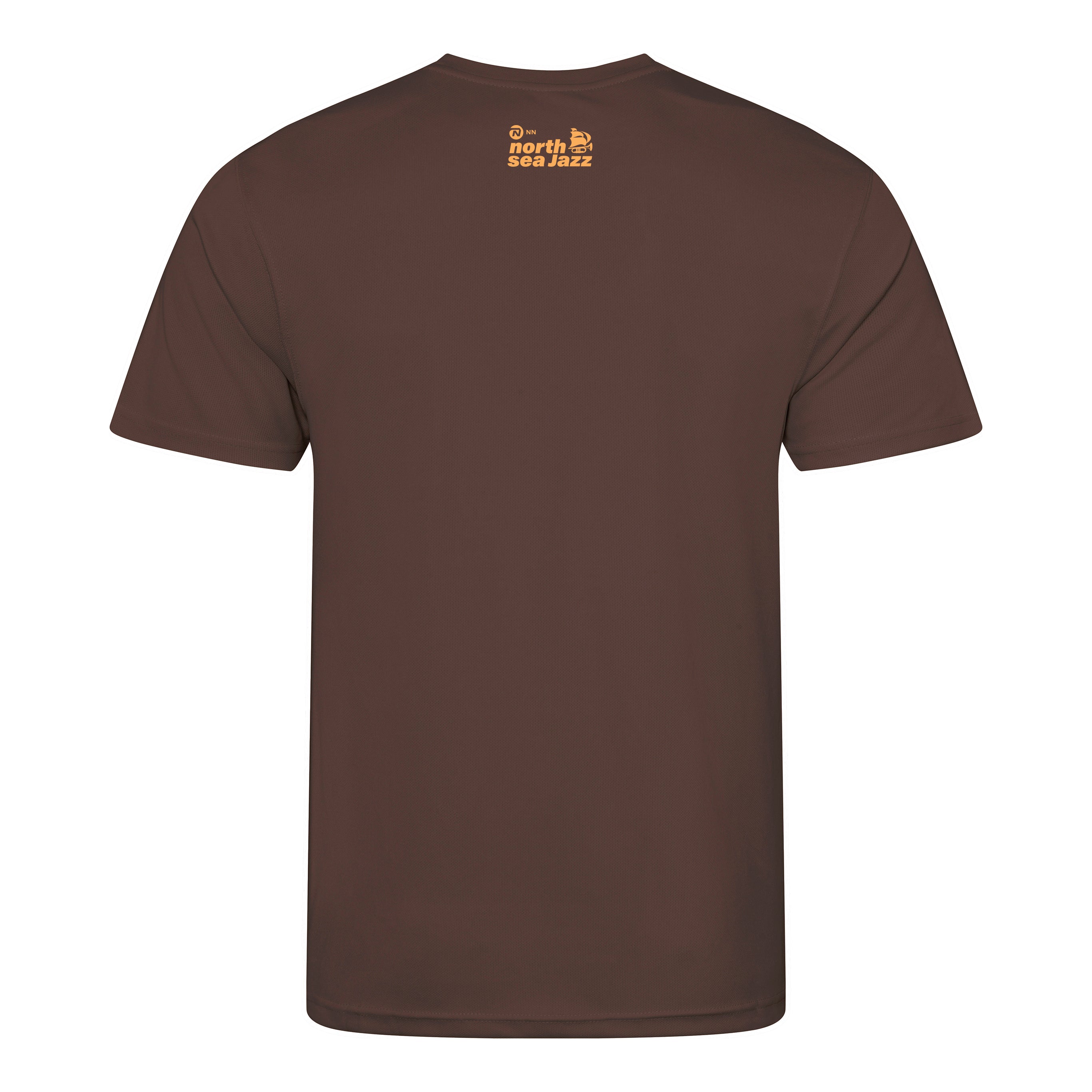 Brown t-shirt with a logo on the back against a white background