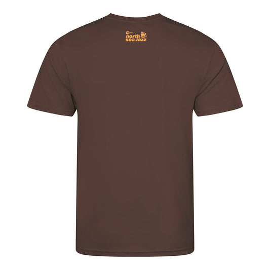 Brown t-shirt with a logo on the back against a white background