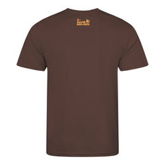 Brown t-shirt with a logo on the back against a white background