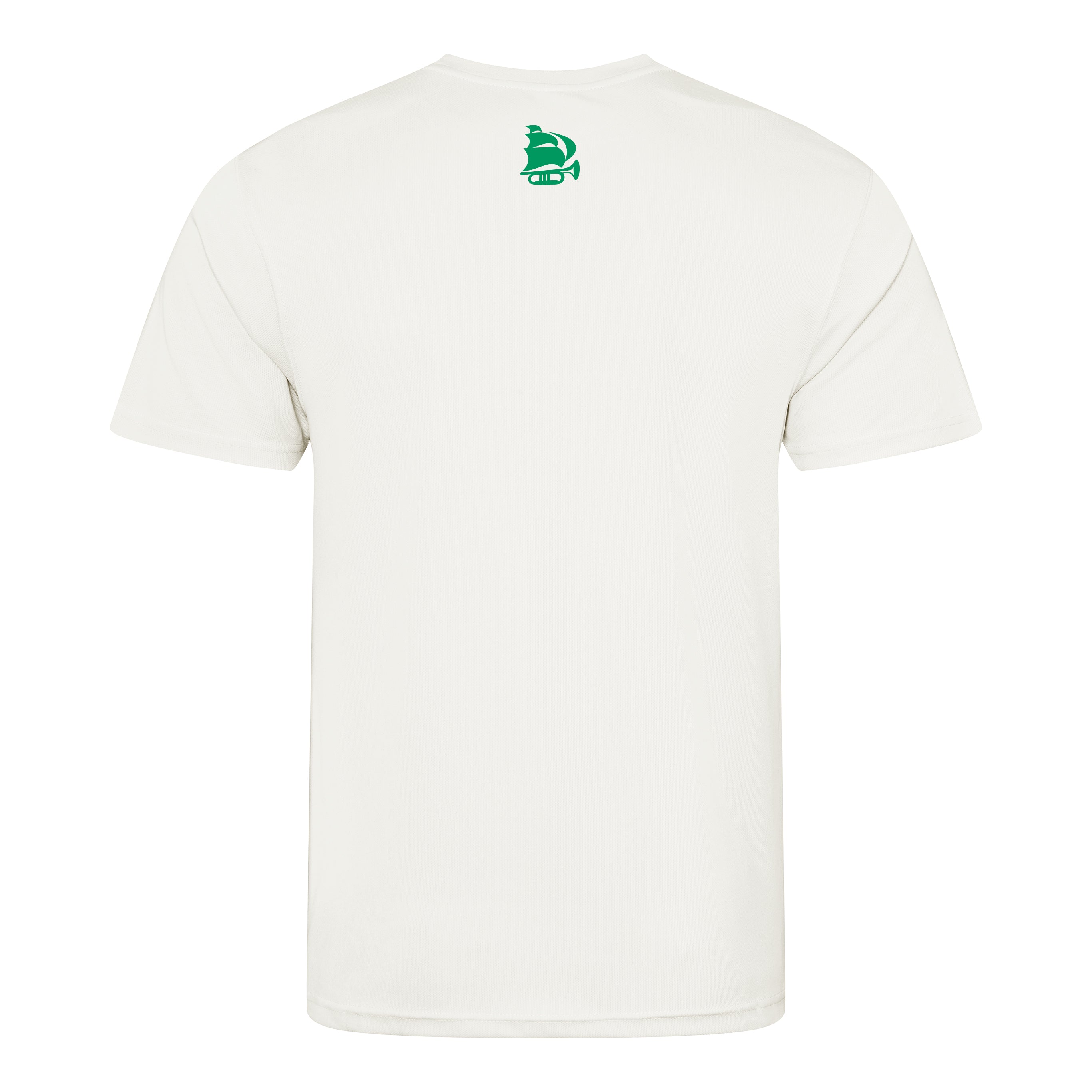 White t-shirt with a green logo on the back against a white background