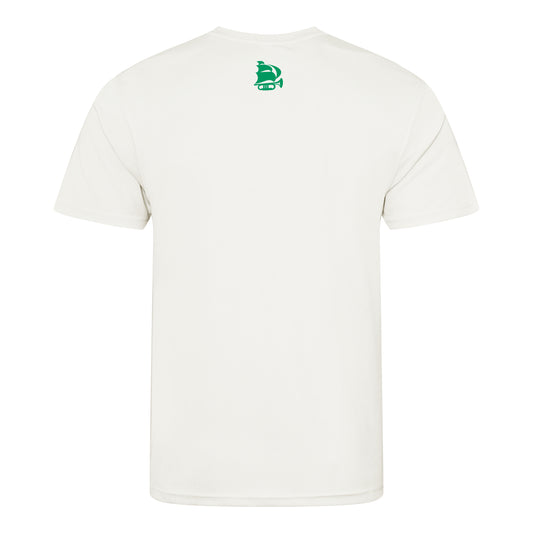 White t-shirt with a green logo on the back against a white background