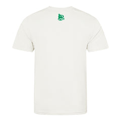 White t-shirt with a green logo on the back against a white background