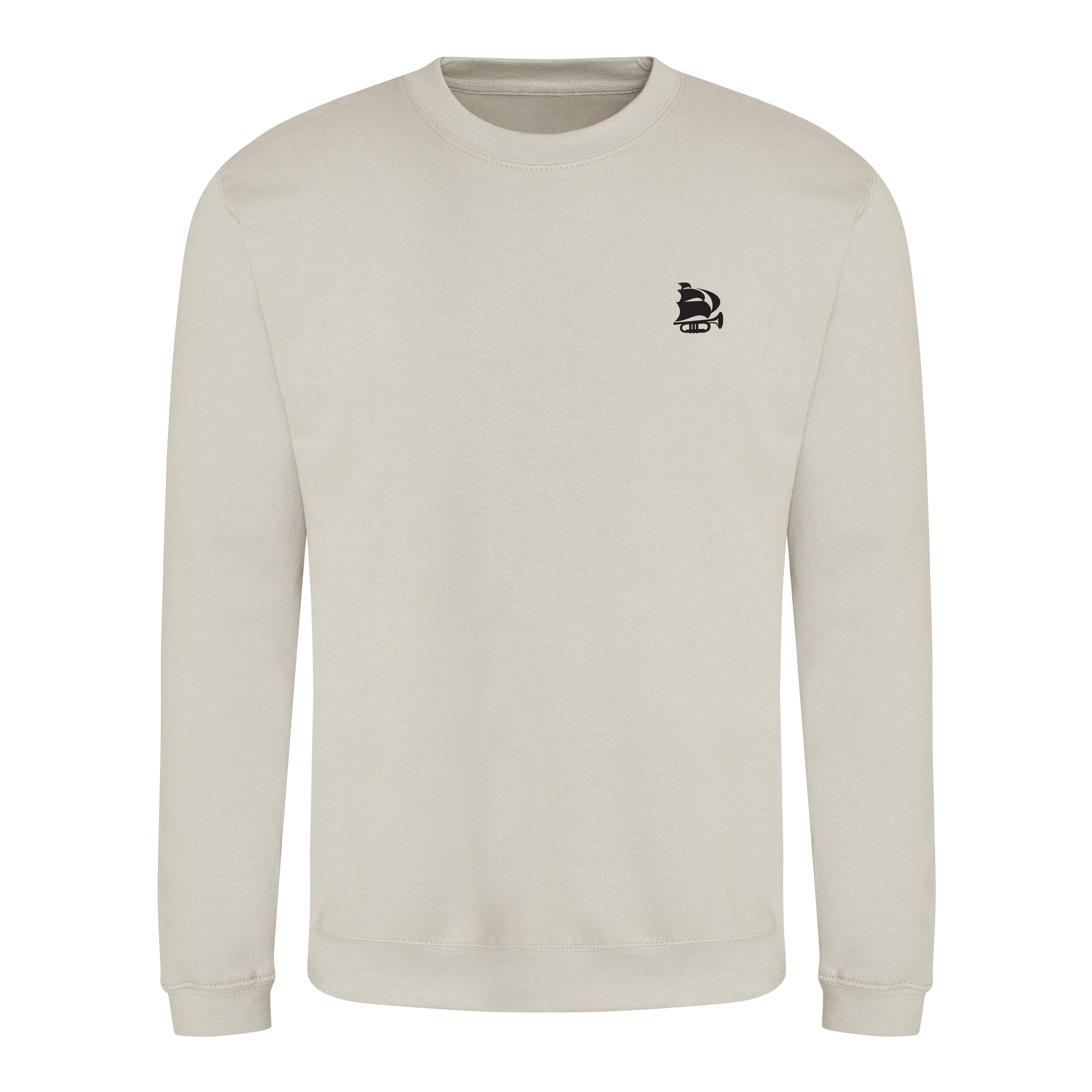 Beige sweatshirt with a small black logo on a white background