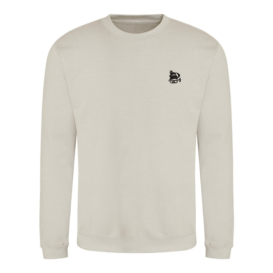 Beige sweatshirt with a small black logo on a white background