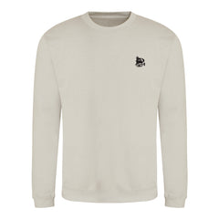 Beige sweatshirt with a small black logo on a white background