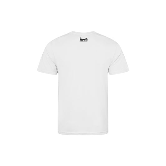 White t-shirt with a small black logo on a white background