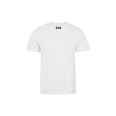 White t-shirt with a small black logo on a white background