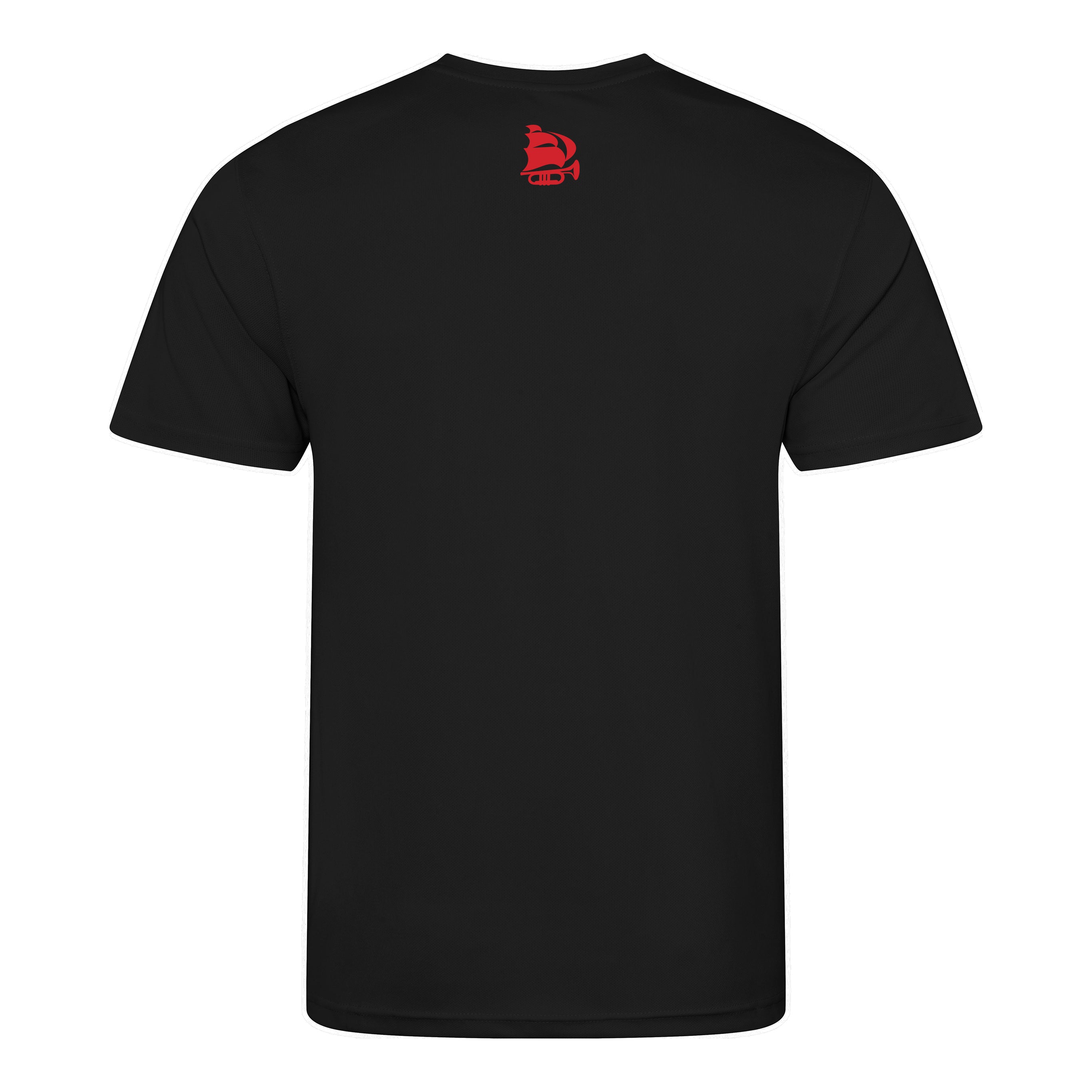 Black t-shirt with a red logo on the chest against a white background