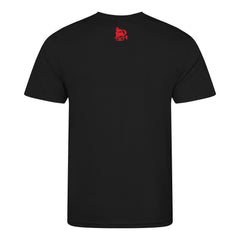 Black t-shirt with a red logo on the chest against a white background