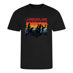 Black t-shirt with a colorful 'North Sea Jazz' graphic on a white background